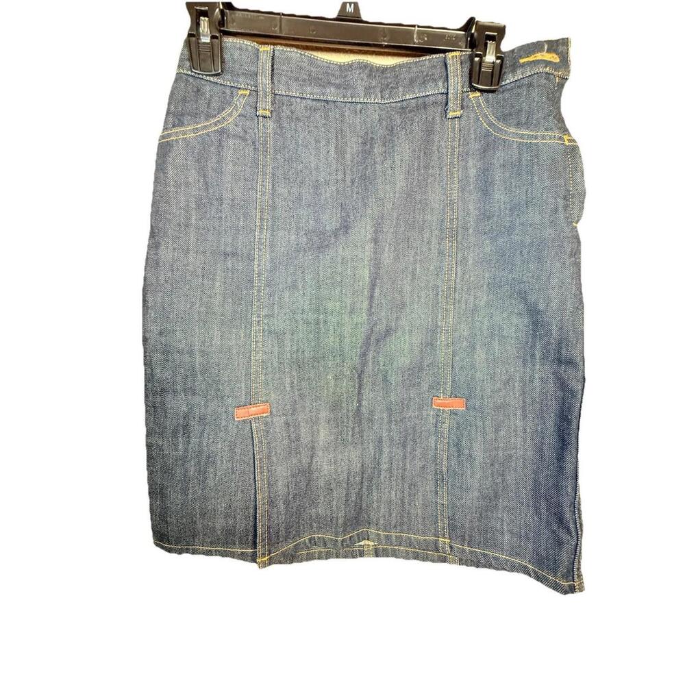 Women’s Gap Dark Wash Straight Jean Denim Skirt Sz 0‎ Spilt Front Leather Accent